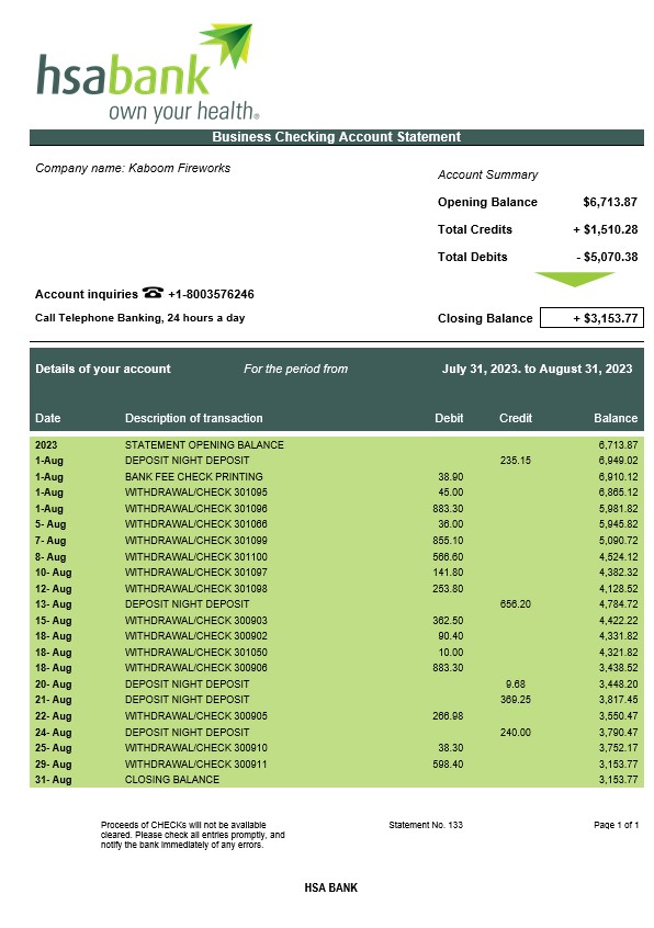 Modèle Word et PDF de relevé de compte d'entreprise HSA Bank